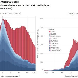 COVID-19 in Peru in people older than 60 years 
Total deaths and detected Covid cases before and after peak death days 
Lima vs. Eight Peruvian States (data combined)